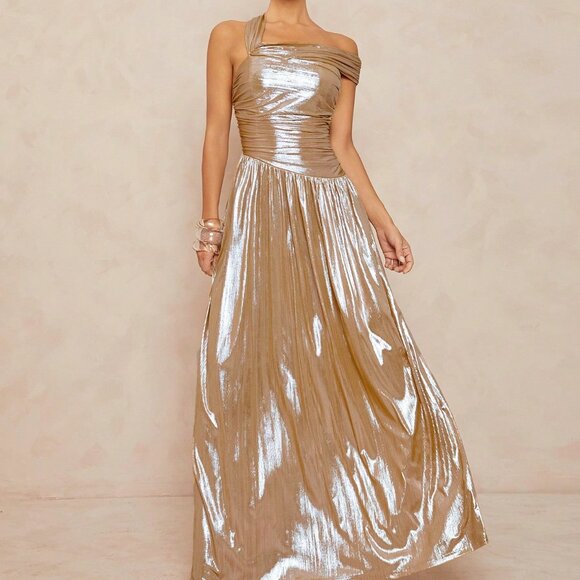 Gold Preppy Women's Asymmetrical Backless Metallic Maxi Dress - Picture 5 of 7